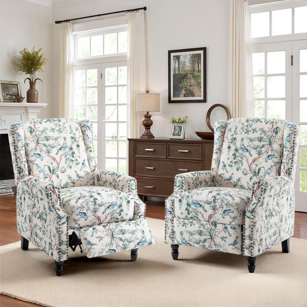 Wingback Floral Pushback Recliner Chair, Plants Beige, Set of 2