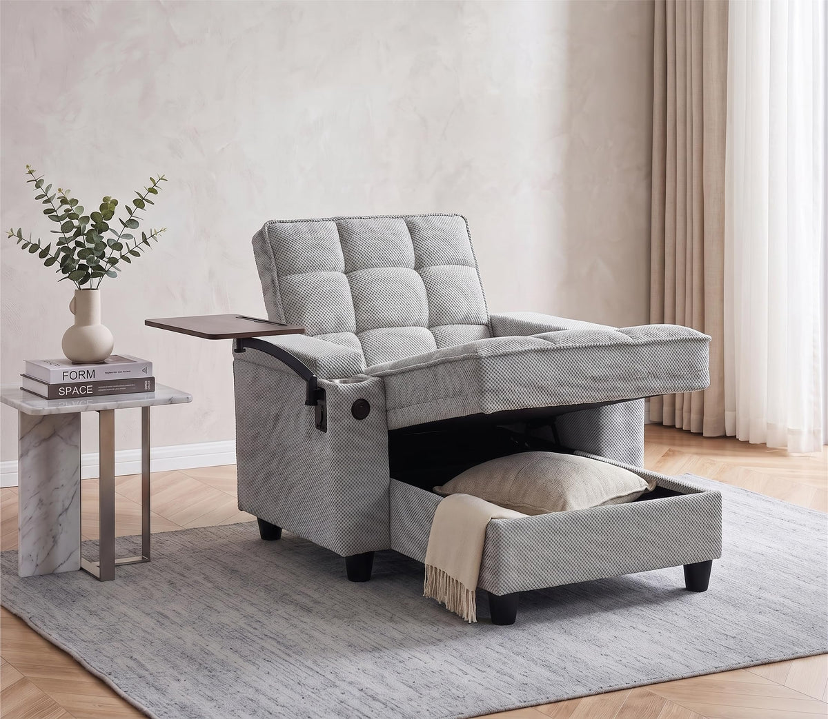 NicBex Sleeper Sofa Chair Bed with USB Port & Cup Holder &Side Table, Beige