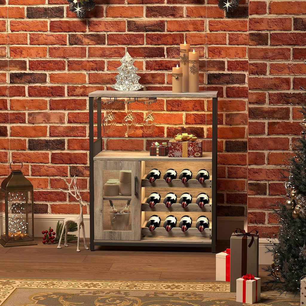 3-Tier Wine Bar Cabinet with Removable Wine Rack, Liquor Storage Cabinet with Glass Holder & Mesh Door, Coffee Bar Sideboard Buffet for Living Room or Dining Room, Gray