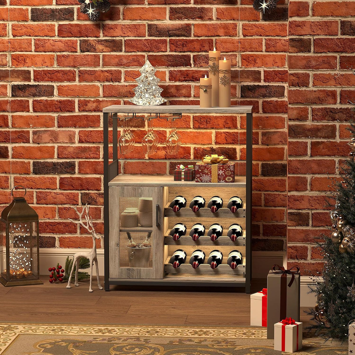 3-Tier Wine Bar Cabinet with Removable Wine Rack, Liquor Storage Cabinet with Glass Holder & Mesh Door, Coffee Bar Sideboard Buffet for Living Room or Dining Room, Gray