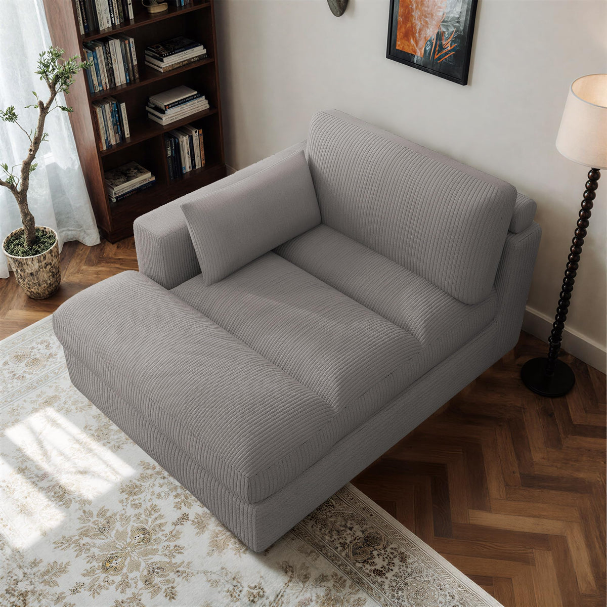 Oversized Corduroy Chaise Lounge Chair with Right Armrest & Cushion, Comfy Upholstered Sleeper Sofa Indoor Recliner Seat Solid Wood Couch w/Washable Cover for Bedroom, Living Room - Orange