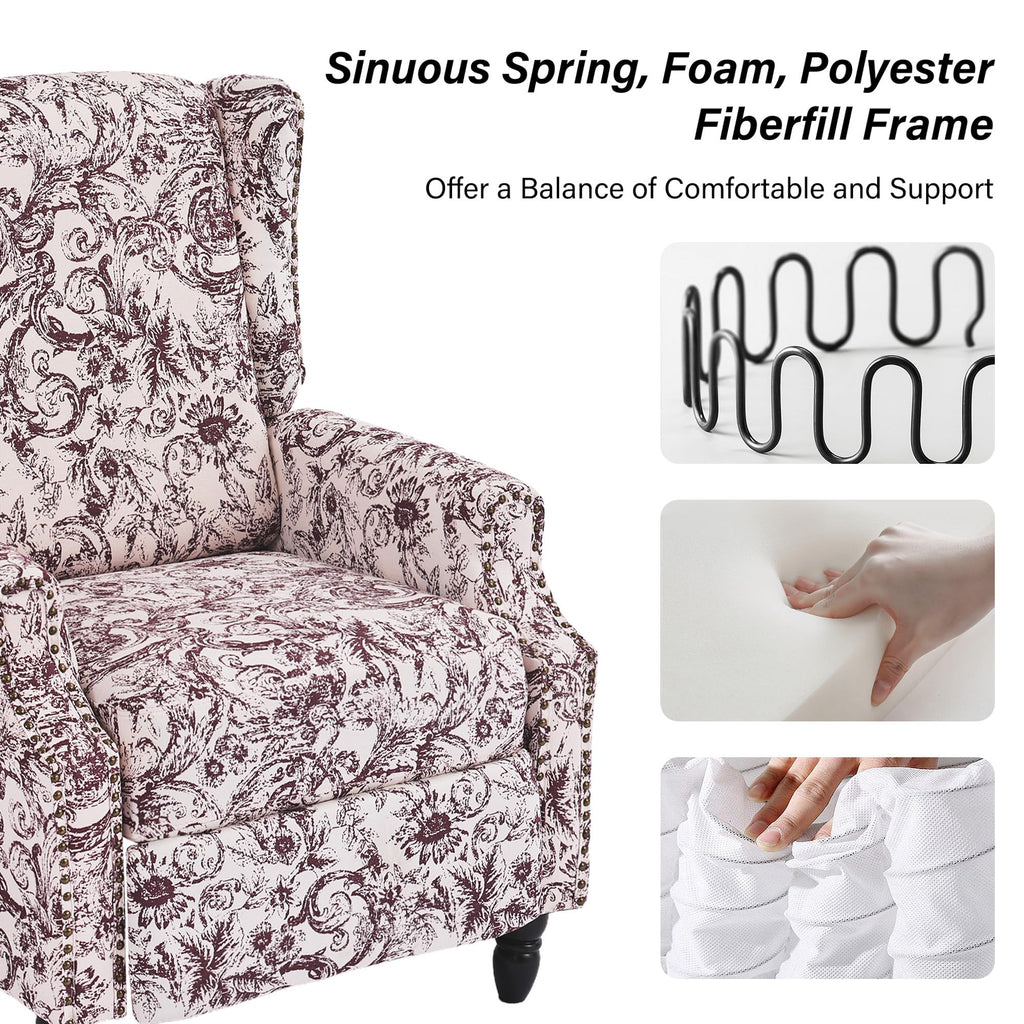 Wingback Floral Pushback Recliner Chair, Plants Beige, Set of 2