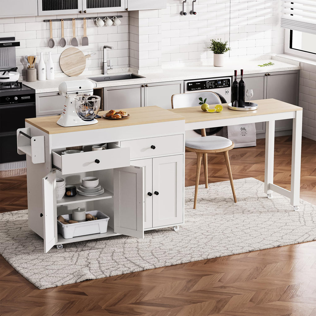 Ball & Cast Kitchen Island with Extendable Dining Table and Power Outlet,82.7" Rolling Kitchen Cart W/ 2 Drawers & 2 Side Open Shelves,Kitchen Table W/Double-Sized Storage,for Dining Room,White
