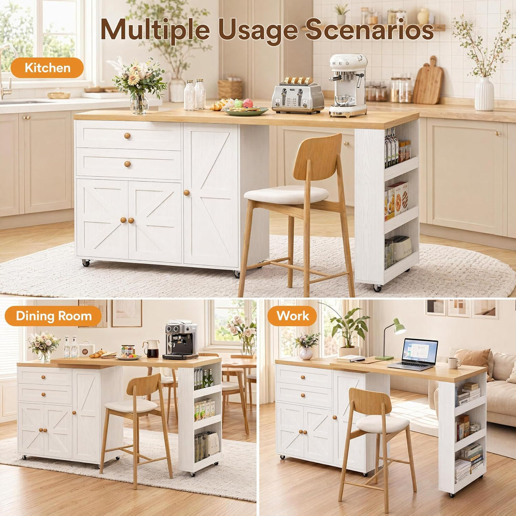 IRONCK Rolling Kitchen Island with 360Â° Swivel Table and Storage, White