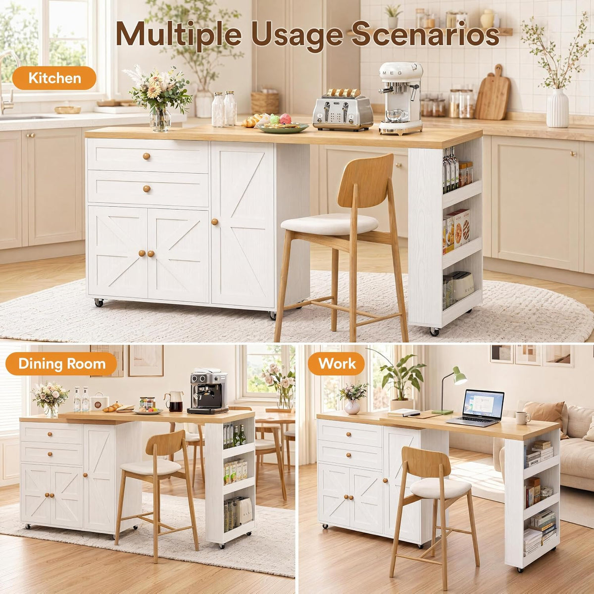 IRONCK Rolling Kitchen Island with 360Â° Swivel Table and Storage, White