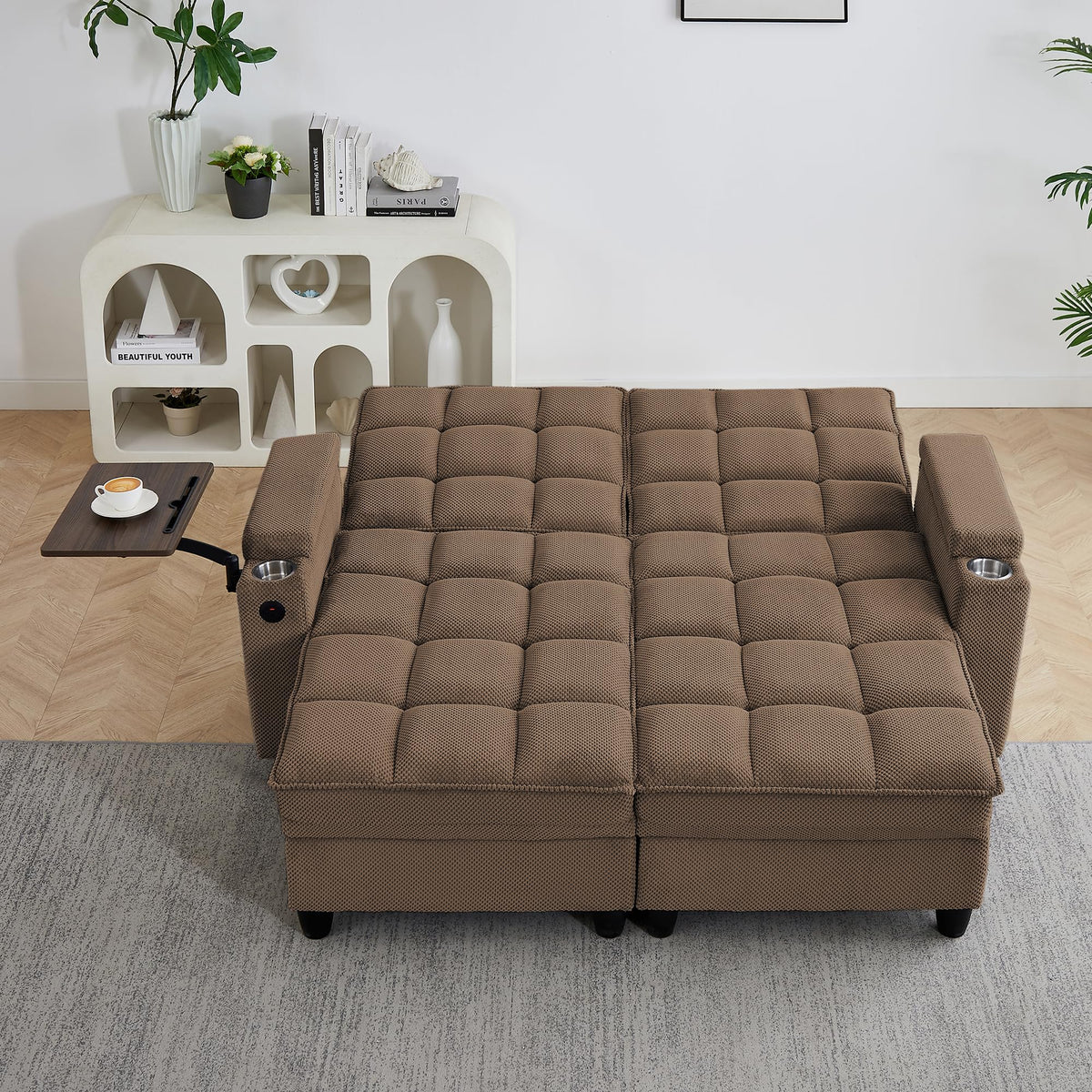 KEIKI 41.7" Convertible Sofa Bed Chair, Adjustable Backrest Recliner Chaise Lounge with USB Ports, Cup Holder, Storage Armrest and Swivel Table, Space Saving Sleeper Sofa for Studio, Dorm