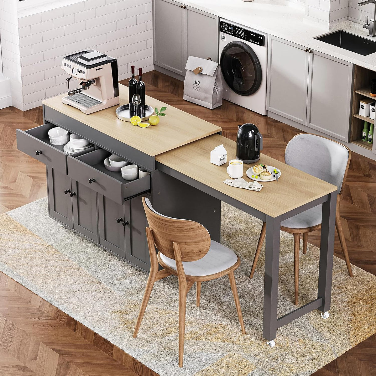 Merax 74.5" Kitchen Island with Extendable Dining Table, Rolling Kitchen Storage Cart on Wheels with Spice Rack & 2 Drawers & 4 Door Cabinet for Dining Room, Gray