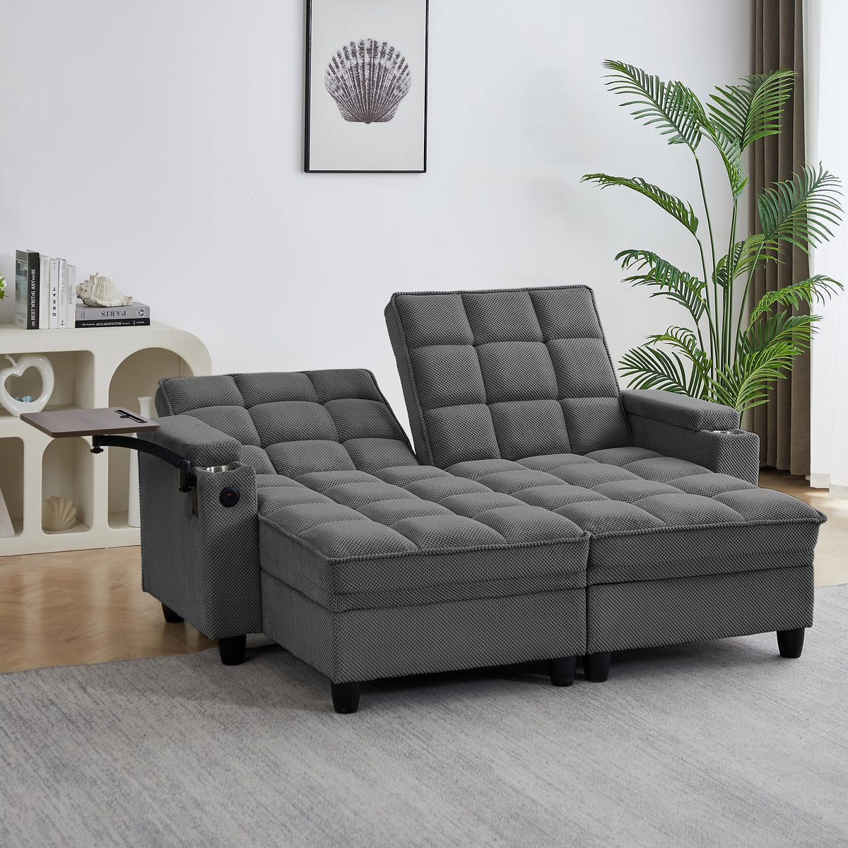 KEIKI 41.7" Convertible Sofa Bed Chair, Adjustable Backrest Recliner Chaise Lounge with USB Ports, Cup Holder, Storage Armrest and Swivel Table, Space Saving Sleeper Sofa for Studio, Dorm