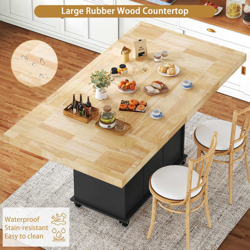 62.8" Rolling Kitchen Island with Double Drop Leaf Rubberwood Countertop, Mobile Kitchen Cart with Storage Cabinet & Lockable Wheels, Space-Saving Foldable Kitchen Prep Station for Dining Room, White