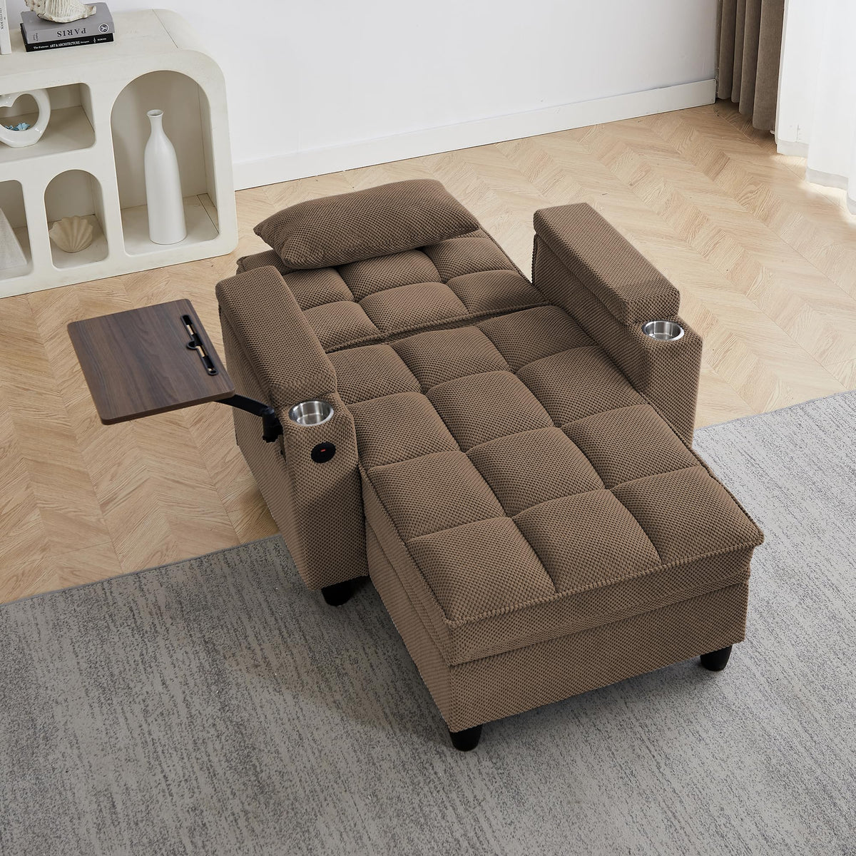 KEIKI 41.7" Convertible Sofa Bed Chair, Adjustable Backrest Recliner Chaise Lounge with USB Ports, Cup Holder, Storage Armrest and Swivel Table, Space Saving Sleeper Sofa for Studio, Dorm