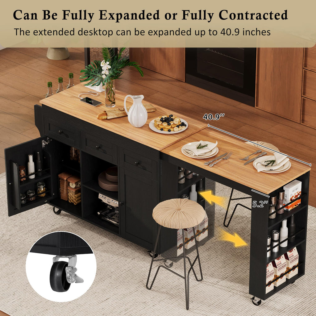 Merax 85.5" Kitchen Island with Extendable Dining Table & Universal Wheels, Storage with 3 Drawers & Open Shelves & Power Outlet, Mobile Cart for Dining Room, Small Space, Apartment, White