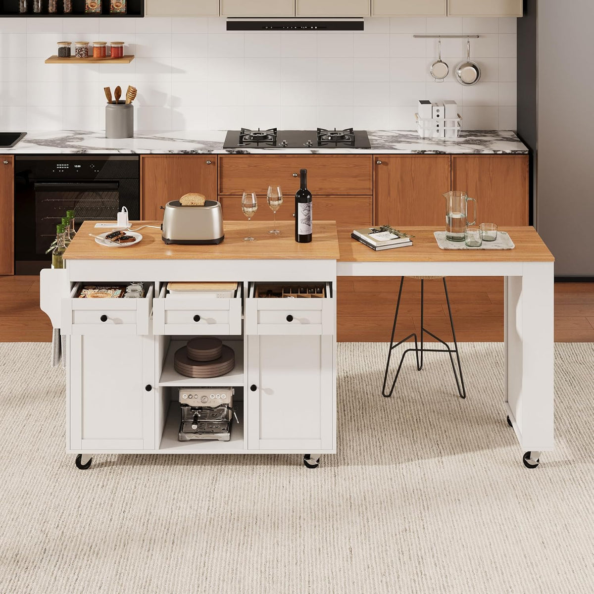 Merax 85.5" Kitchen Island with Extendable Dining Table & Universal Wheels, Storage with 3 Drawers & Open Shelves & Power Outlet, Mobile Cart for Dining Room, Small Space, Apartment, White