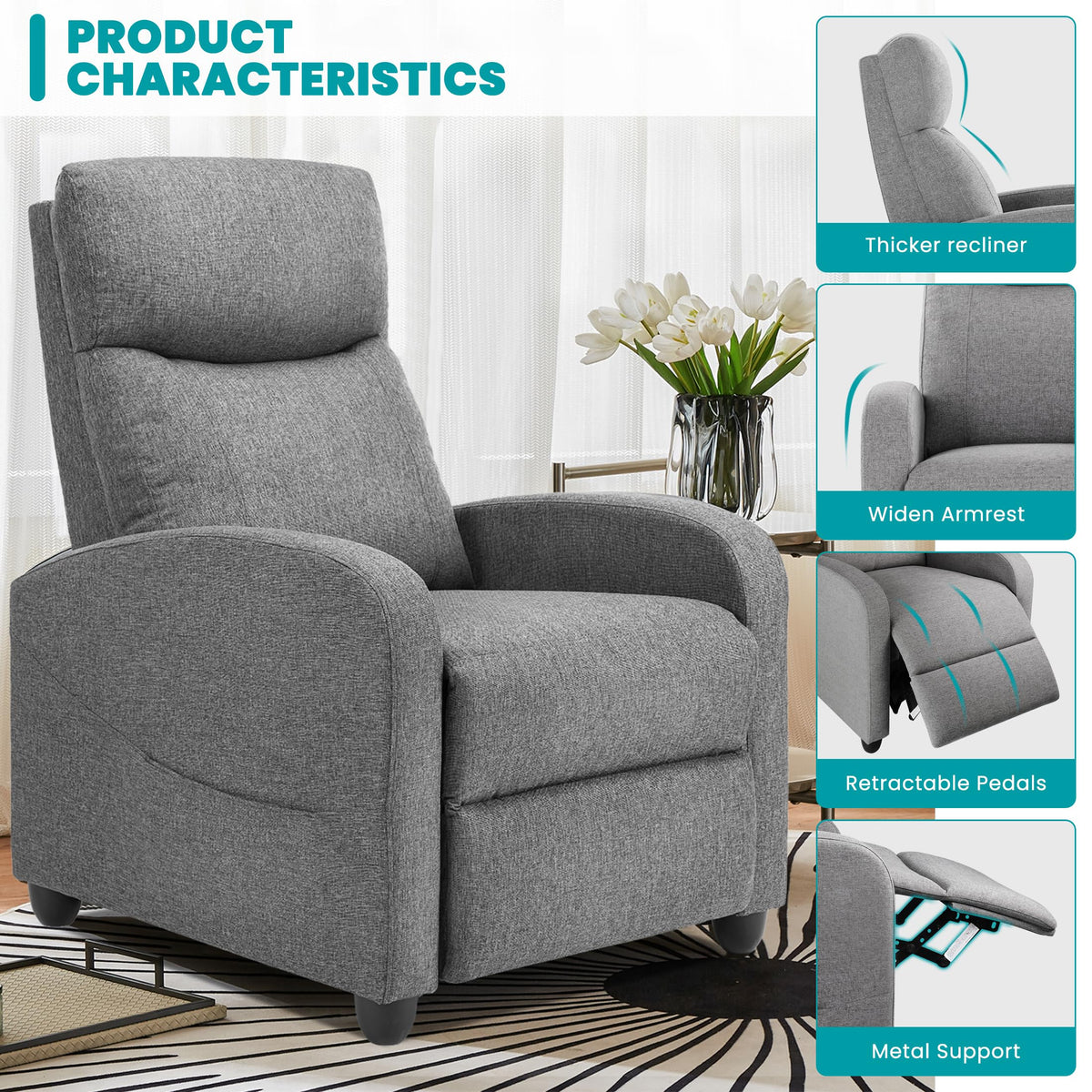 Sweetcrispy Massage Recliner Chair for Adults, Adjustable Home Theater Seating with Lumbar Support for Living Room, Modern Fabric Reclining for Small Space, Grey