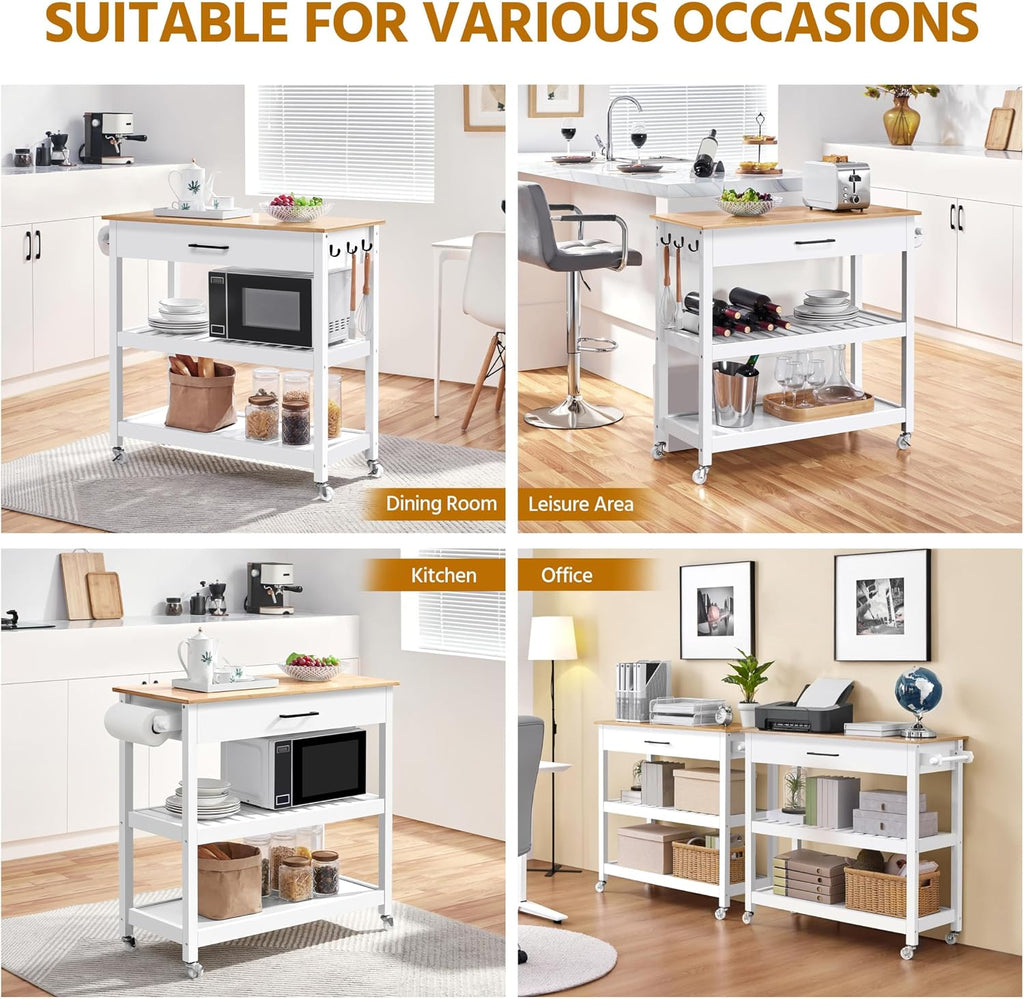 Yaheetech Rolling Kitchen Island Cart with 3 Shelves Lockable Wheels, White