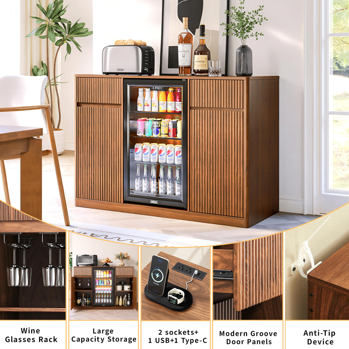 39.4" Coffee Bar Cupboard with Fridge Spaceï¼Natural Oak-ws
