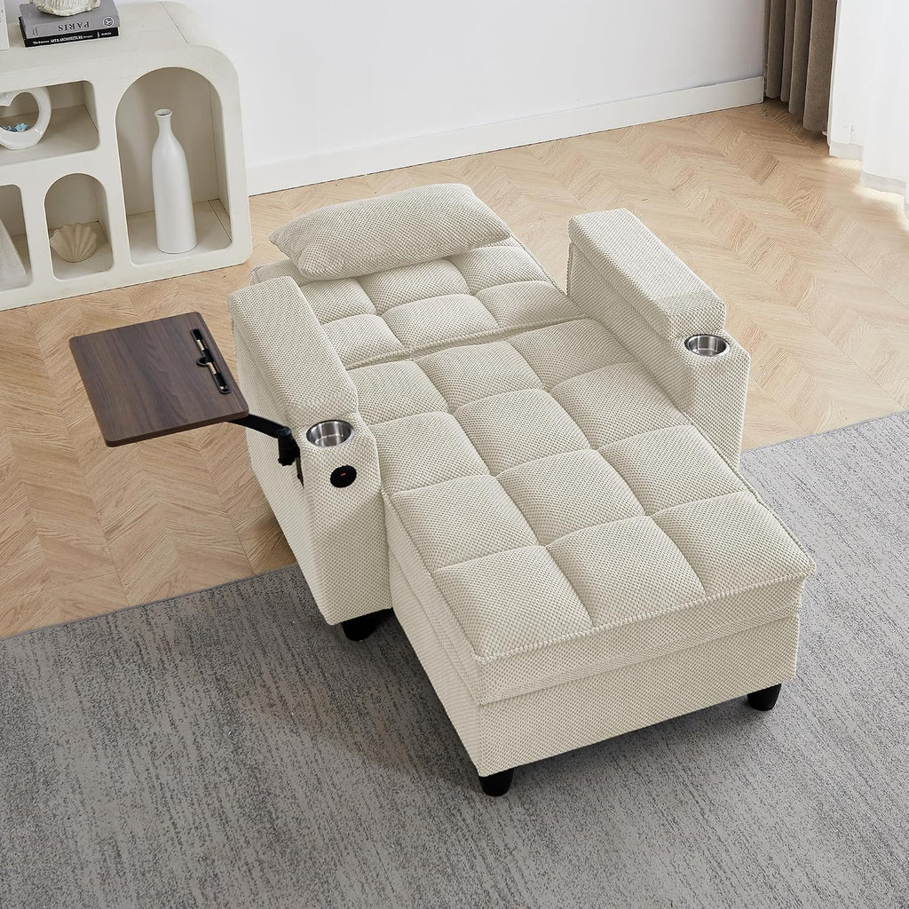 KEIKI 41.7" Convertible Sofa Bed Chair, Adjustable Backrest Recliner Chaise Lounge with USB Ports, Cup Holder, Storage Armrest and Swivel Table, Space Saving Sleeper Sofa for Studio, Dorm