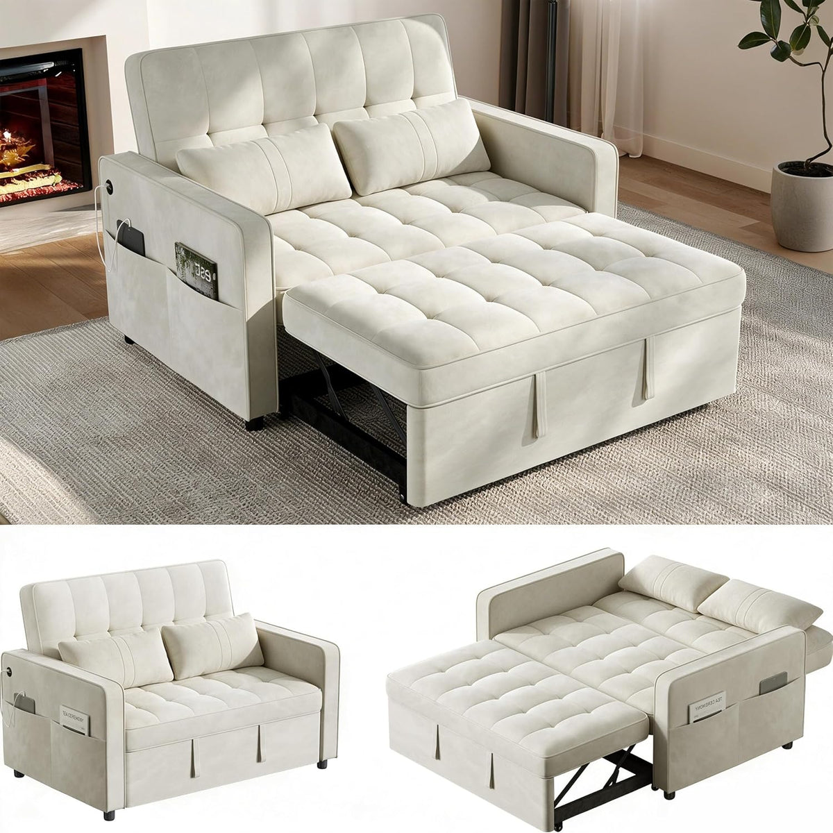 Yaheetech 3 in 1 Sofa Bed Convertible Sleeper Sofa with USB Ports, Beige