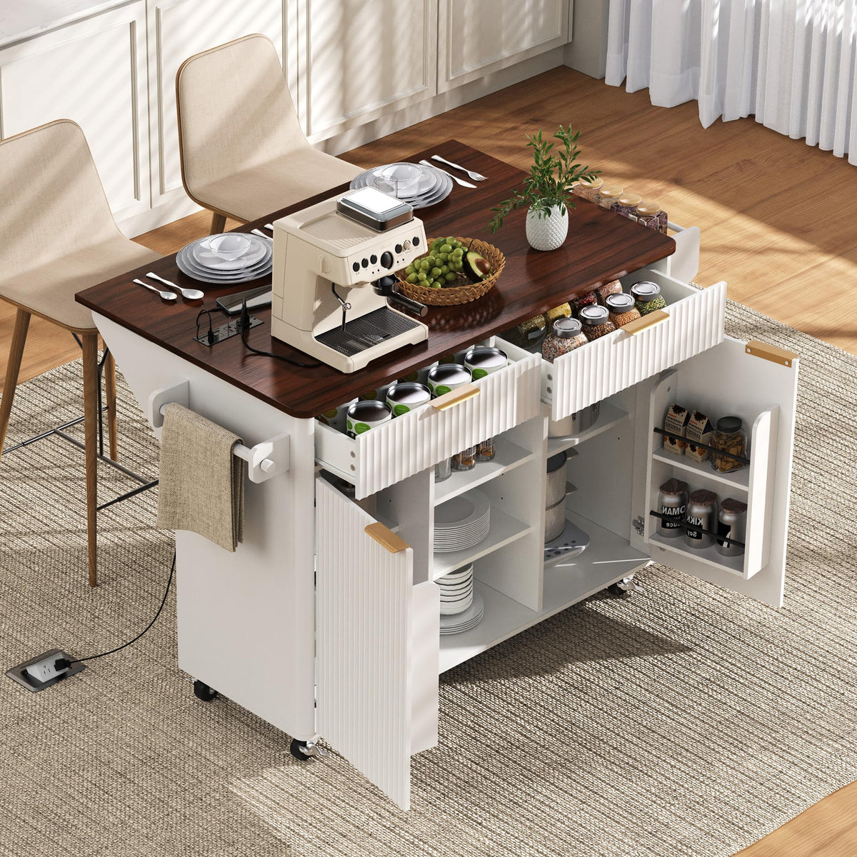 Large Fluted Kitchen Island Cart on Wheels with Storage, Natural