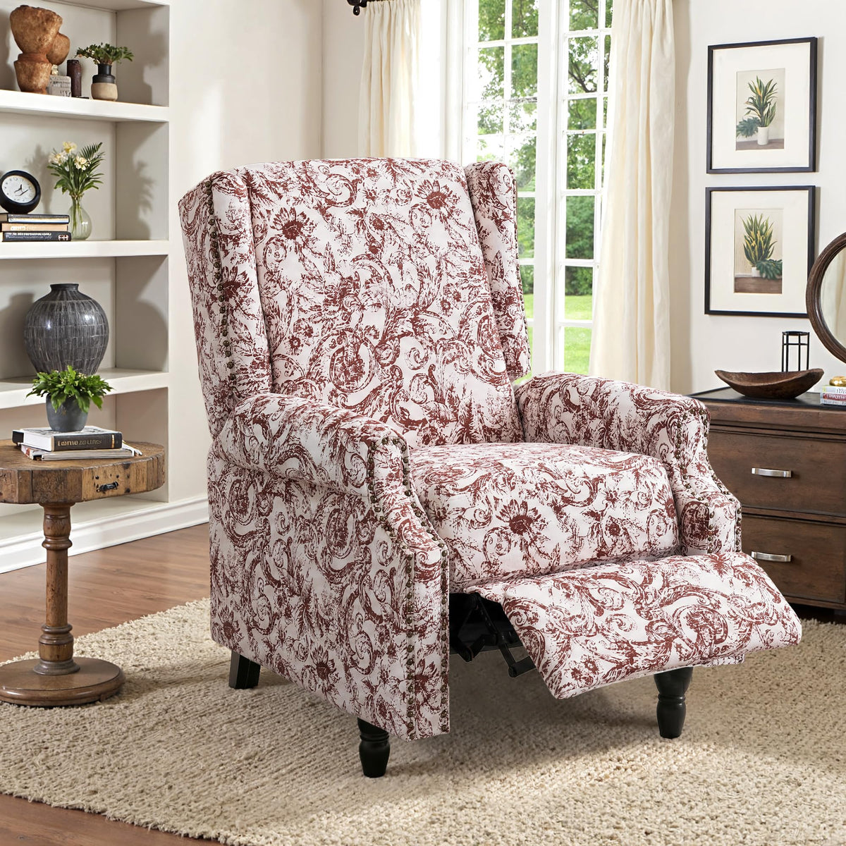 Wingback Floral Pushback Recliner Chair, Plants Beige, Set of 2