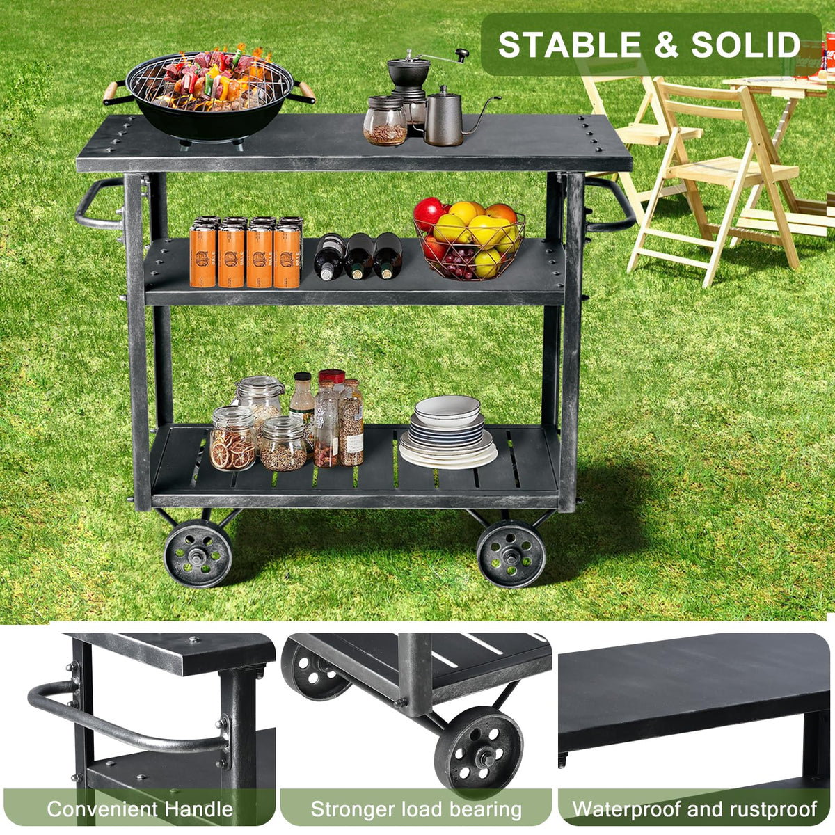 Industrial 3 Tier Rolling Utility Storage Cart Wine Beverage, Metal Wine Rack with Wheels Kitchen Bar Dining Room Tea Wine, Storage Cart with Wood