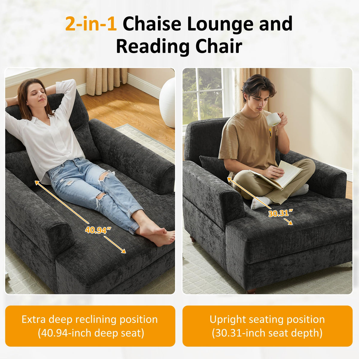 Oversized Chaise Lounge Chair with Adjustable Backrest, Polyester White