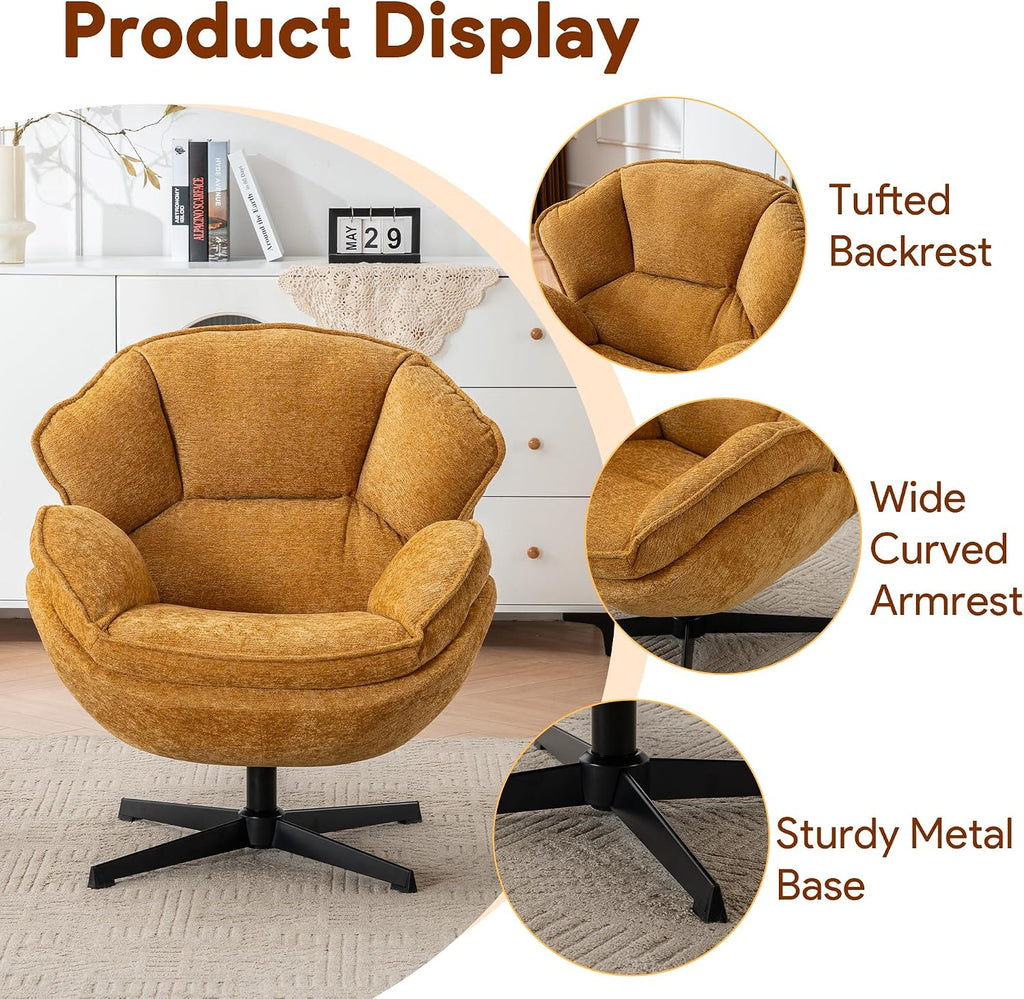 Swivel Accent Chair, Modern Recliner Lounge Chair with Metal Base Frame, Comfy Tufted Armchair for Living Room, Bedroom, Home Office, Brown