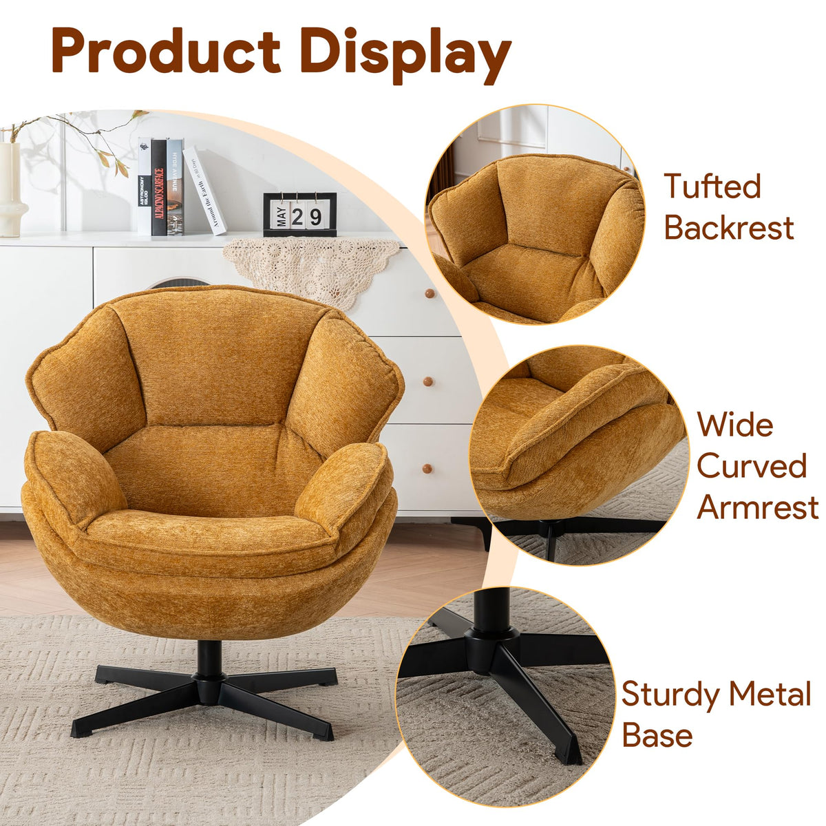 Swivel Accent Chair, Modern Recliner Lounge Chair with Metal Base Frame, Comfy Tufted Armchair for Living Room, Bedroom, Home Office, Brown
