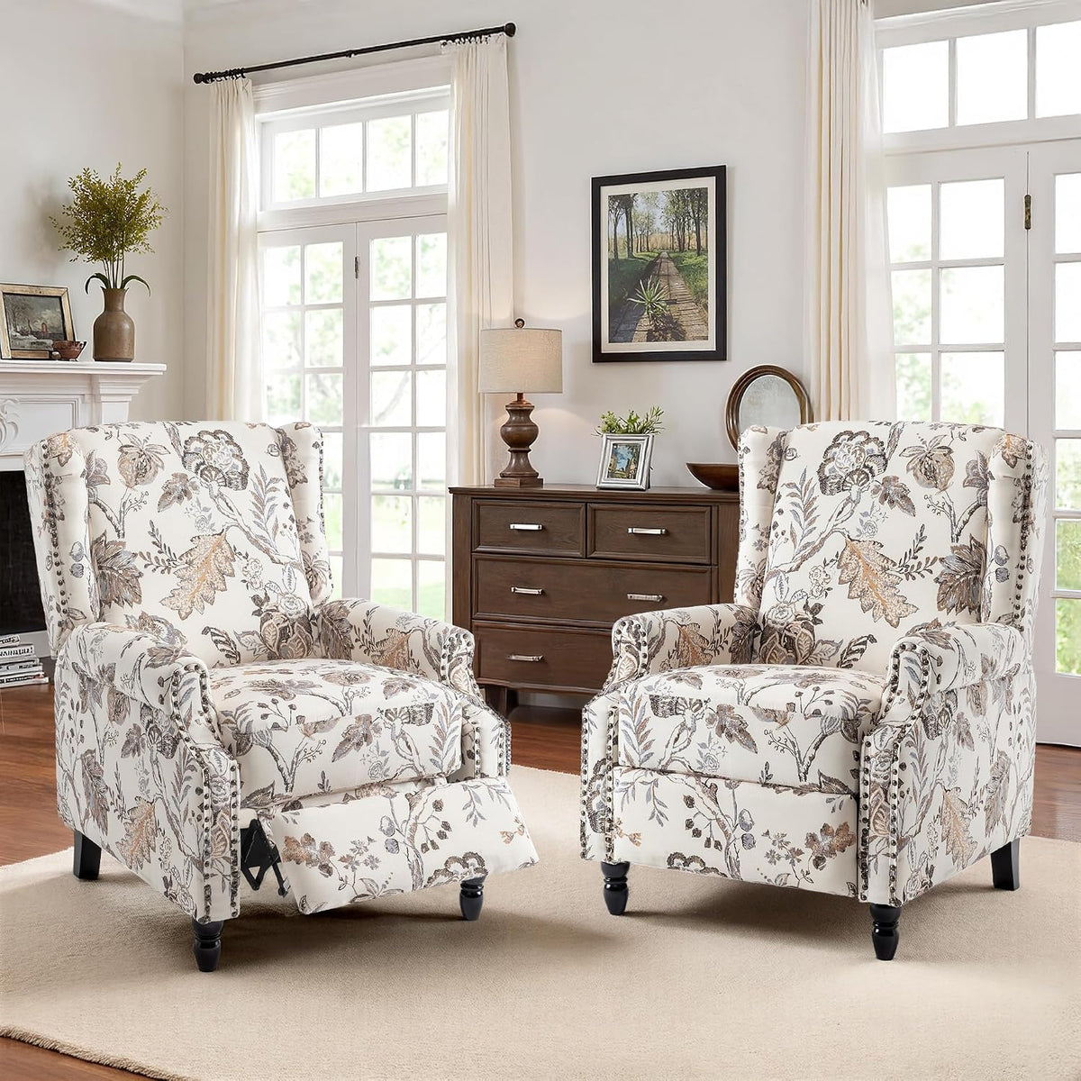 Wingback Floral Pushback Recliner Chair, Plants Beige, Set of 2