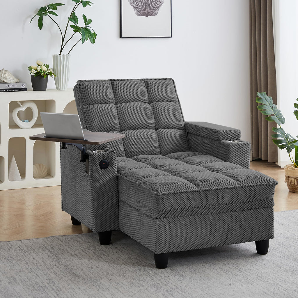 KEIKI 41.7" Convertible Sofa Bed Chair, Adjustable Backrest Recliner Chaise Lounge with USB Ports, Cup Holder, Storage Armrest and Swivel Table, Space Saving Sleeper Sofa for Studio, Dorm