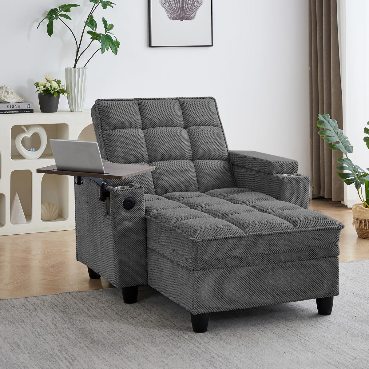 KEIKI 41.7" Convertible Sofa Bed Chair, Adjustable Backrest Recliner Chaise Lounge with USB Ports, Cup Holder, Storage Armrest and Swivel Table, Space Saving Sleeper Sofa for Studio, Dorm