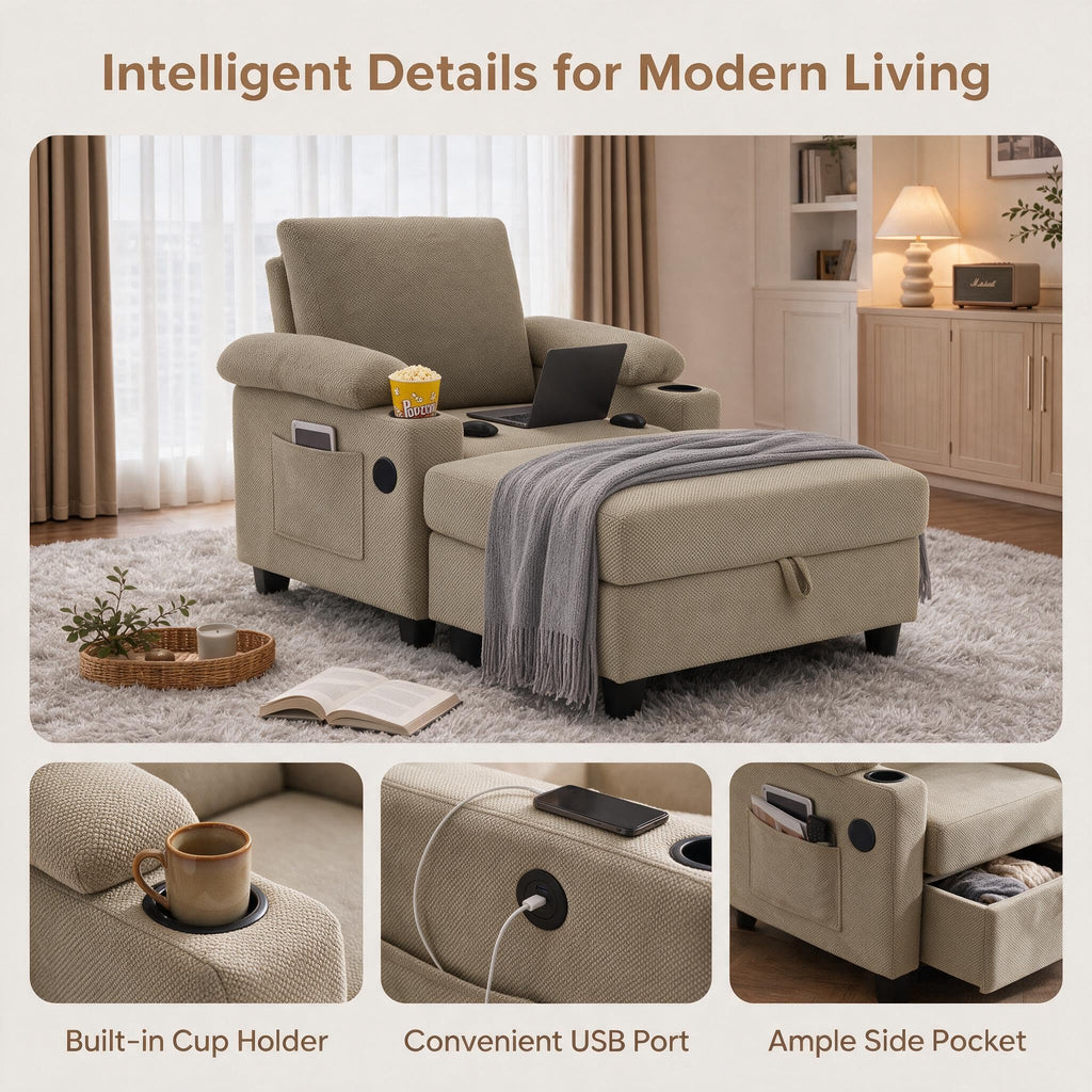 NicBex Sleeper Sofa Chair Bed with USB Port & Cup Holder &Side Table, Beige