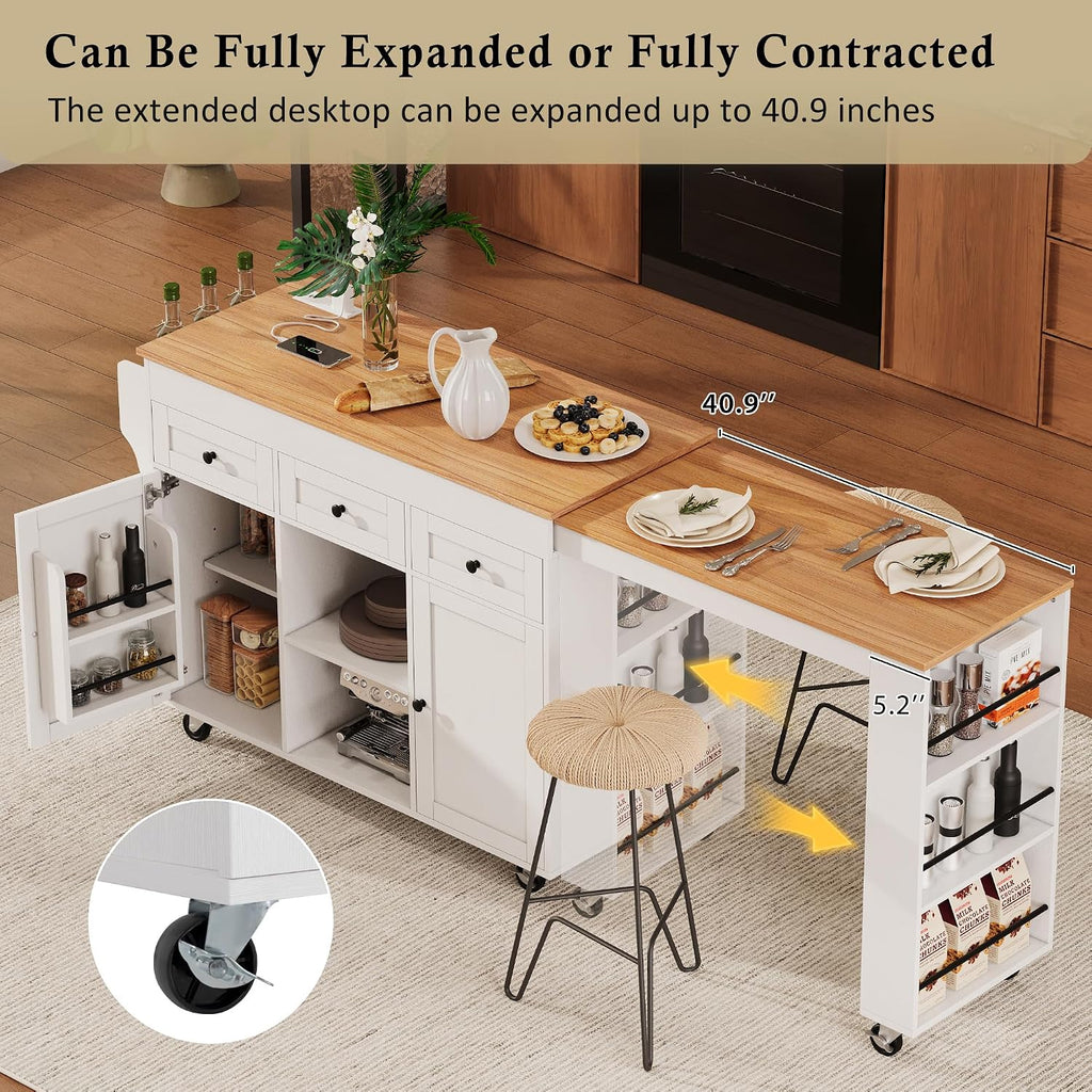 Merax 85.5" Kitchen Island with Extendable Dining Table & Universal Wheels, Storage with 3 Drawers & Open Shelves & Power Outlet, Mobile Cart for Dining Room, Small Space, Apartment, White