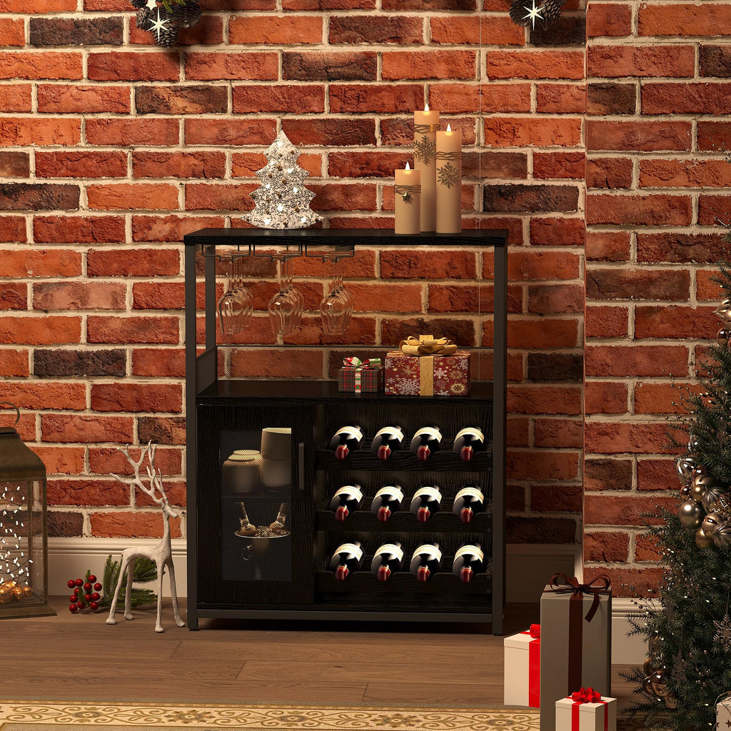 3-Tier Wine Bar Cabinet with Removable Wine Rack, Liquor Storage Cabinet with Glass Holder & Mesh Door, Coffee Bar Sideboard Buffet for Living Room or Dining Room, Gray