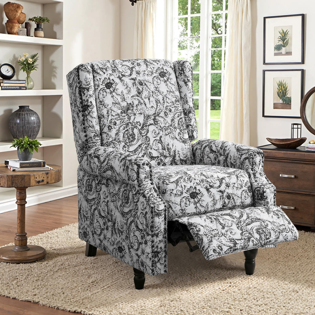 Wingback Floral Pushback Recliner Chair, Plants Beige, Set of 2