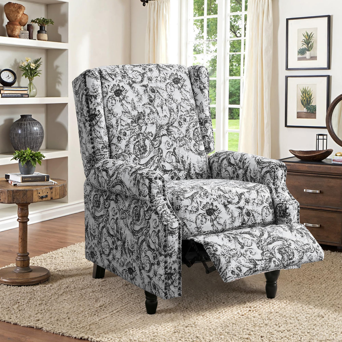 Wingback Floral Pushback Recliner Chair, Plants Beige, Set of 2