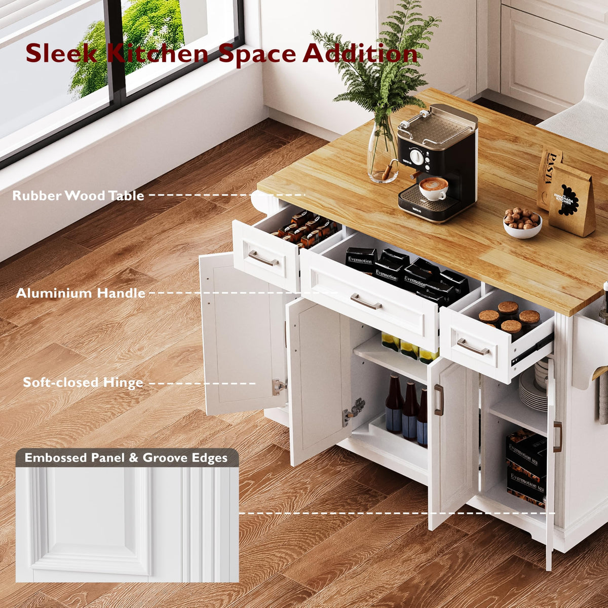 Large Kitchen Island with Rubber Wood Drop Leaf and Silver Handle