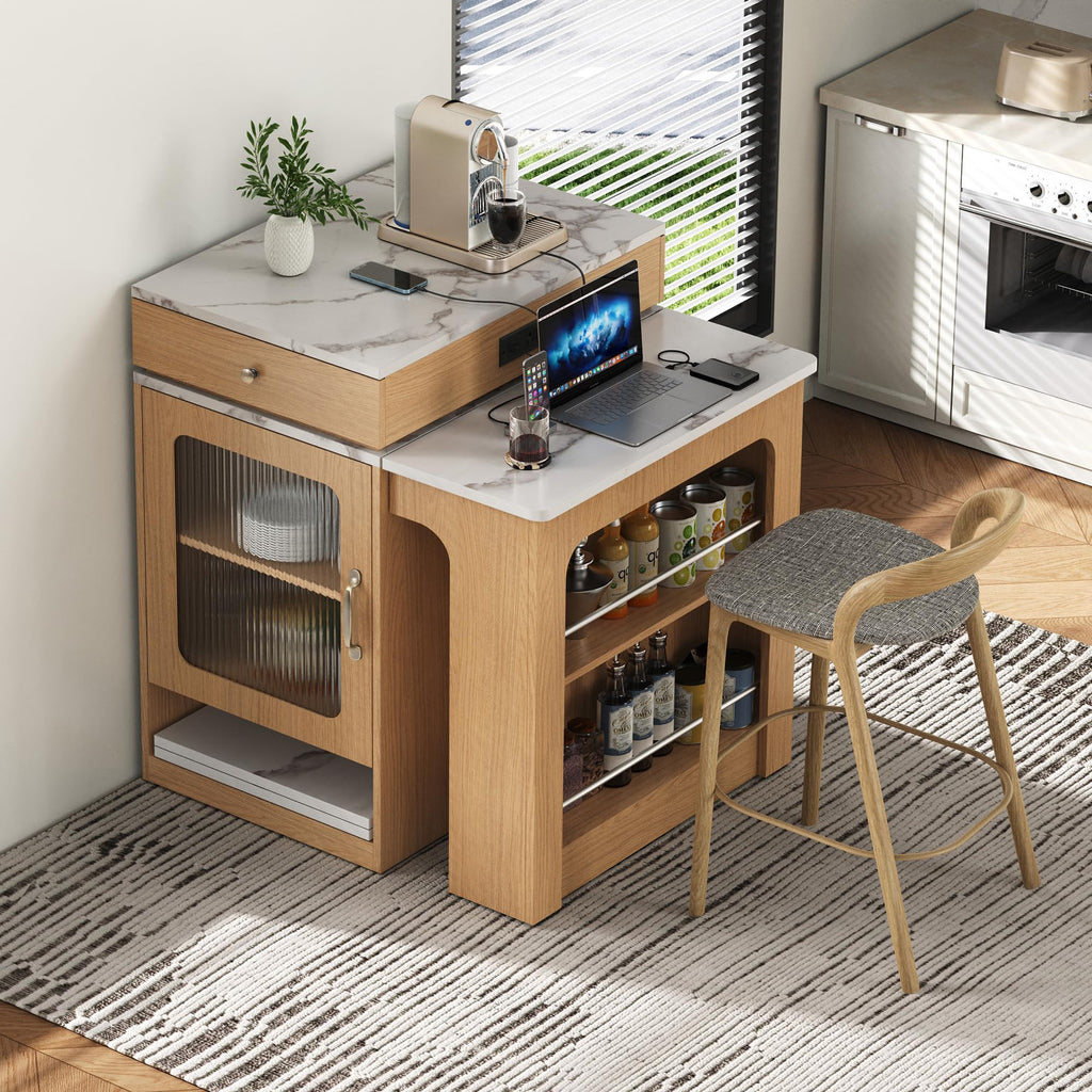 Extendable Dining Table with Folding Tabletop & Power Outlet, Modern Kitchen Island Sideboard with Wheels, Hidden Drawers & USB Charging, Sturdy Buffet Table for Small Spaces (Black)