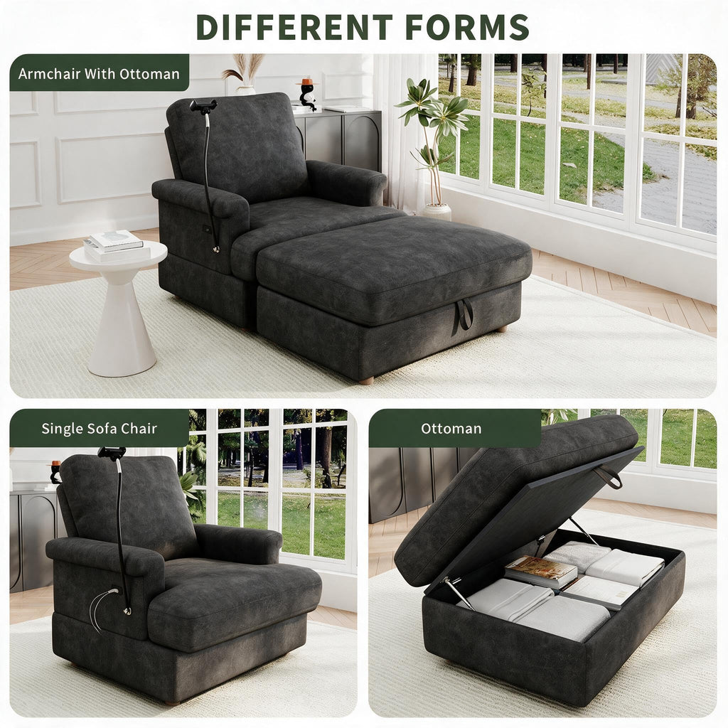EJUNQ 66.5" Oversized Chaise Lounge Chair Indoorï¼Cozy Sofa Bed with Phone Holder and USB Chargerï¼Upholstered Deep Seat Sleeper Sofa Bedï¼Comfy Single Sofa Armchair for Living Room, Grey