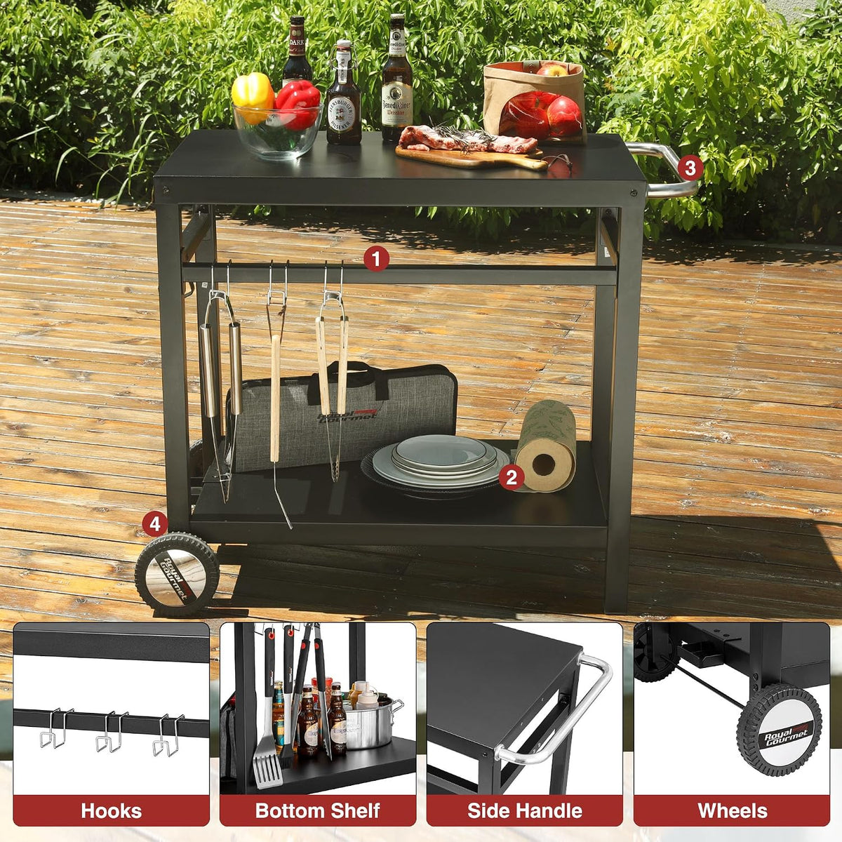 Royal Gourmet Dining Cart Table with Double-Shelf PC3401B (Black)