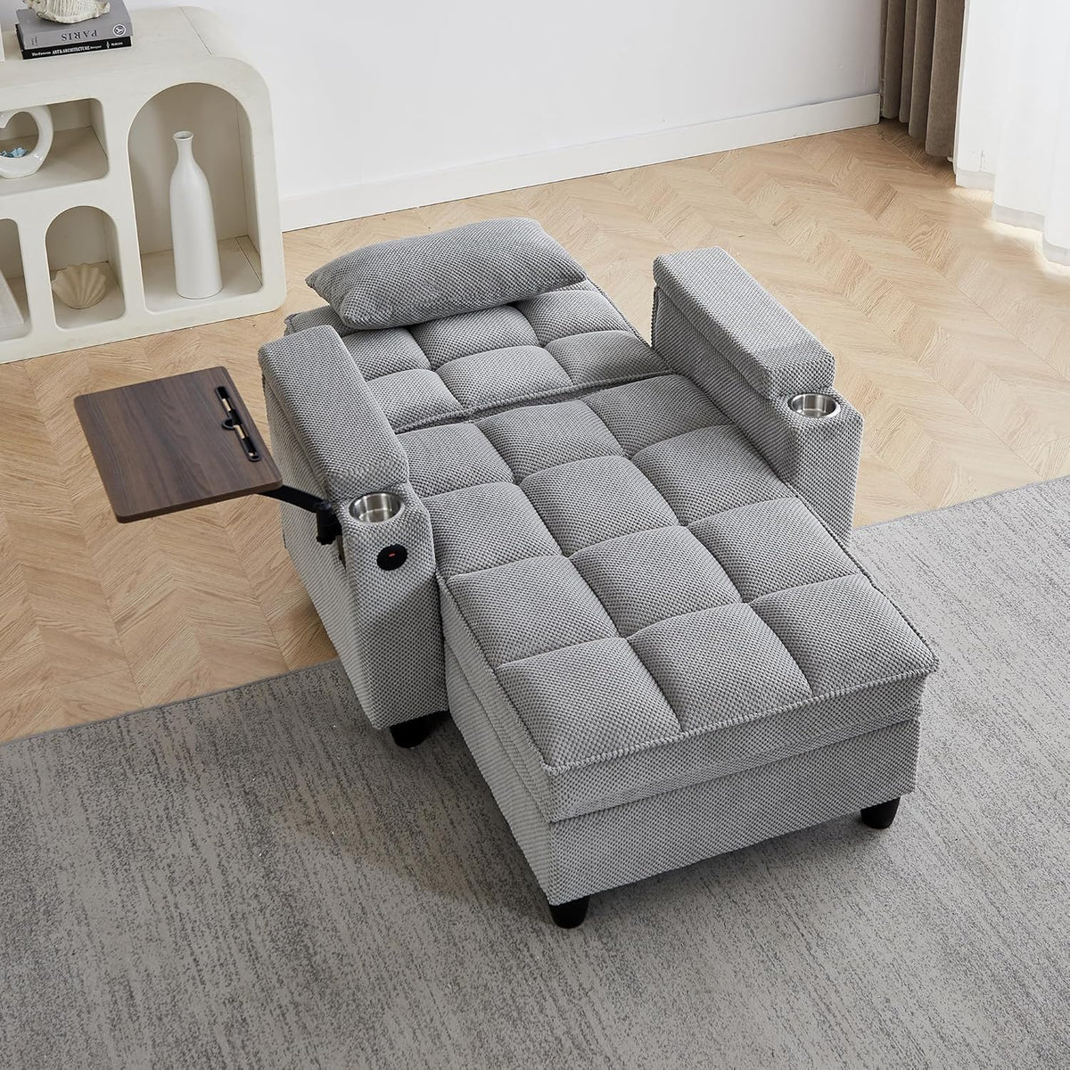 Eafurn 6-Position Adjustable Convertible Chaise Lounge Sleeper Chair with Storage, Modern Recliner Armchair with Swivel Tray Table & USB Port, Multi-Functional Tufted Accent Chair for Small Space