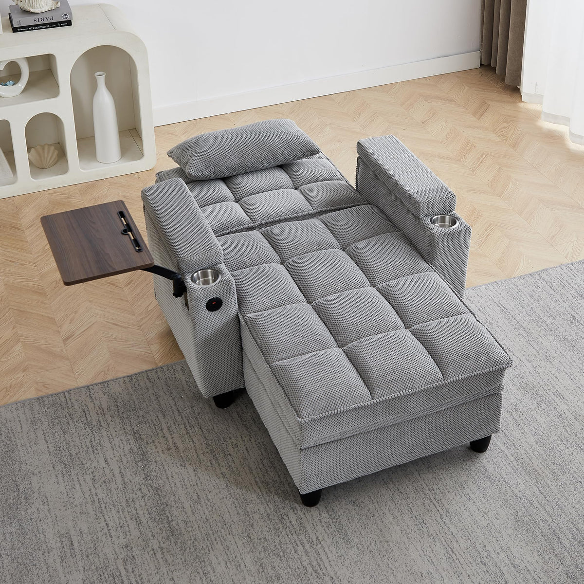 KEIKI 41.7" Convertible Sofa Bed Chair, Adjustable Backrest Recliner Chaise Lounge with USB Ports, Cup Holder, Storage Armrest and Swivel Table, Space Saving Sleeper Sofa for Studio, Dorm
