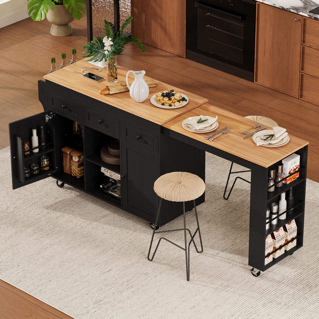 Merax 85.5" Kitchen Island with Extendable Dining Table & Universal Wheels, Storage with 3 Drawers & Open Shelves & Power Outlet, Mobile Cart for Dining Room, Small Space, Apartment, White