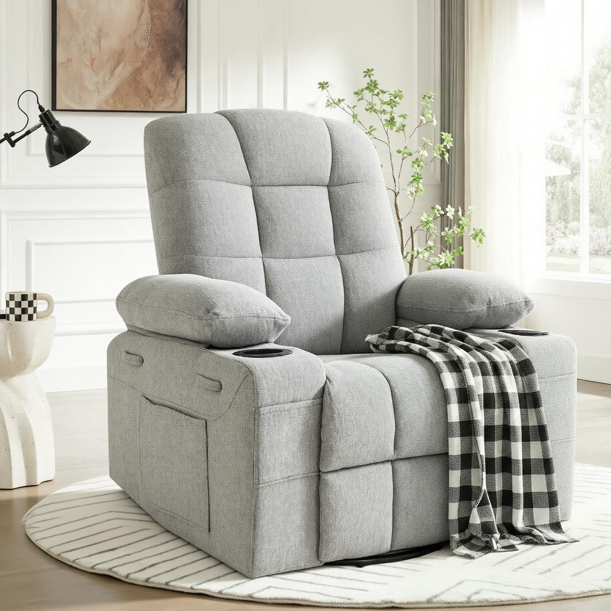 Swivel Rocker Recliner Chair,Recliner Single Sofa with Cup Holders, Manual Nursery Rocking Chair with Side Pockets, Modern Upholstered Recliner for Living Room,Apartment,Home Theater(Black)