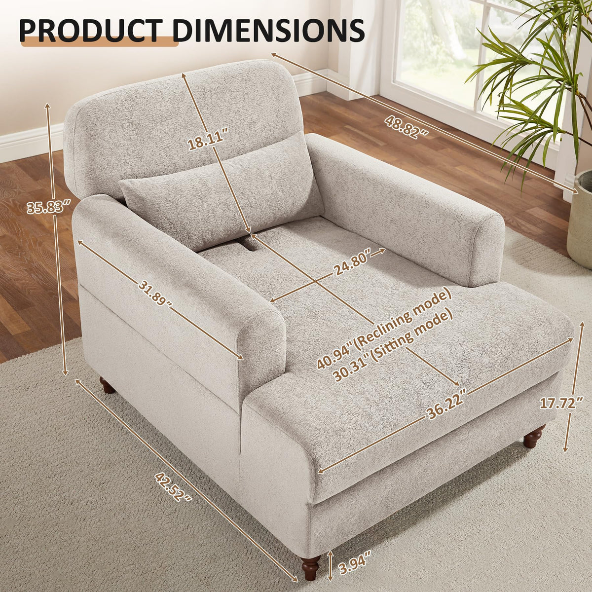 Oversized Chaise Lounge Chair with Adjustable Backrest, Polyester White