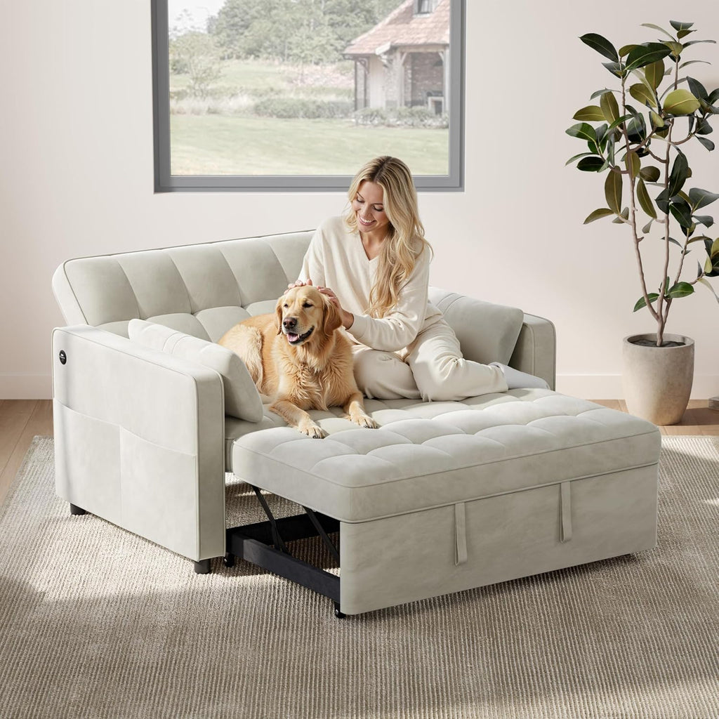 Yaheetech 3 in 1 Sofa Bed Convertible Sleeper Sofa with USB Ports, Beige