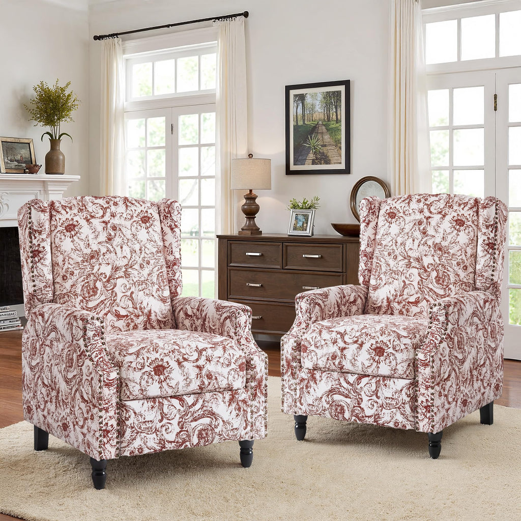 Wingback Floral Pushback Recliner Chair, Plants Beige, Set of 2