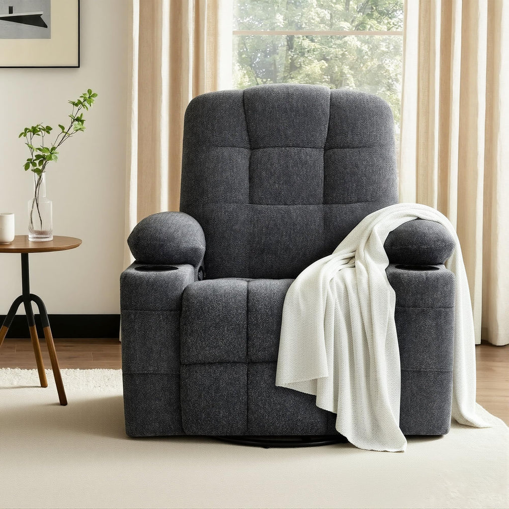 Swivel Rocker Recliner Chair,Recliner Single Sofa with Cup Holders, Manual Nursery Rocking Chair with Side Pockets, Modern Upholstered Recliner for Living Room,Apartment,Home Theater(Black)