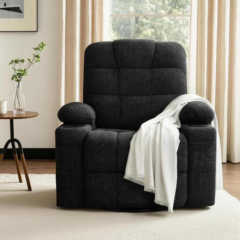Swivel Rocker Recliner Chair,Recliner Single Sofa with Cup Holders, Manual Nursery Rocking Chair with Side Pockets, Modern Upholstered Recliner for Living Room,Apartment,Home Theater(Black)