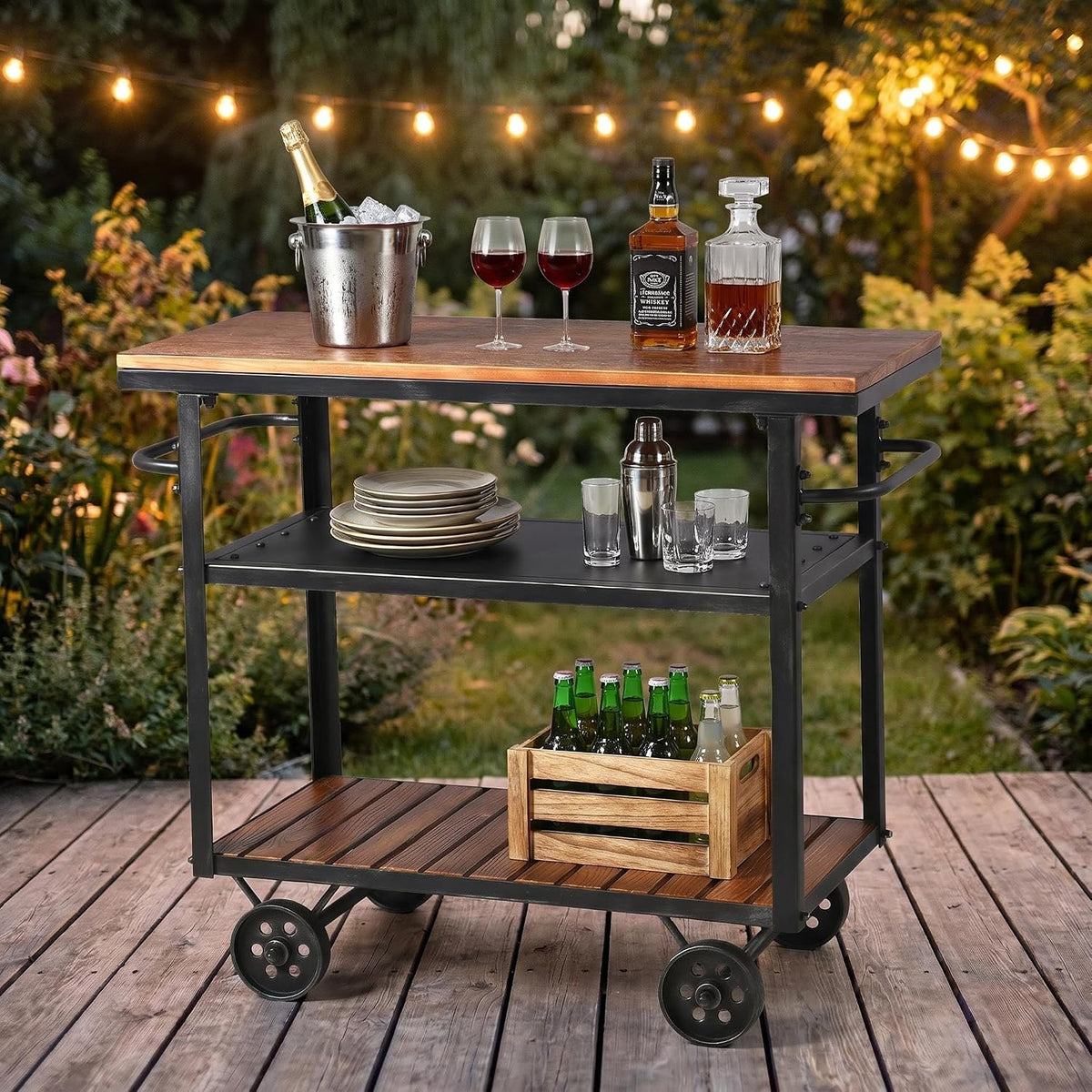 Industrial 3 Tier Rolling Utility Storage Cart Wine Beverage, Metal Wine Rack with Wheels Kitchen Bar Dining Room Tea Wine, Storage Cart with Wood