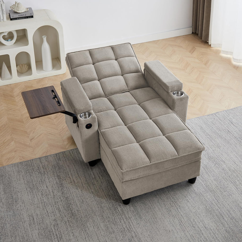 KEIKI 41.7" Convertible Sofa Bed Chair, Adjustable Backrest Recliner Chaise Lounge with USB Ports, Cup Holder, Storage Armrest and Swivel Table, Space Saving Sleeper Sofa for Studio, Dorm
